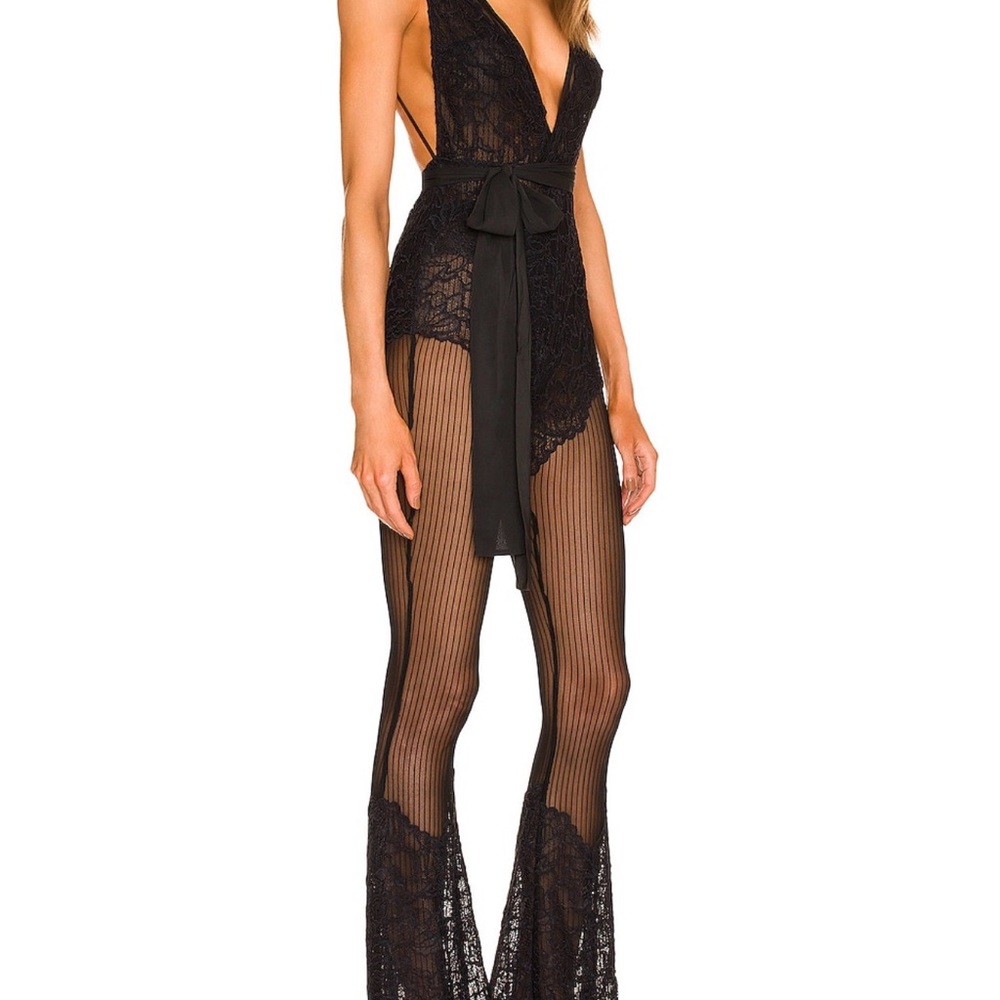 Michael Costello Sheer Black Lace Jumpsuit Plunge Backless Evening S